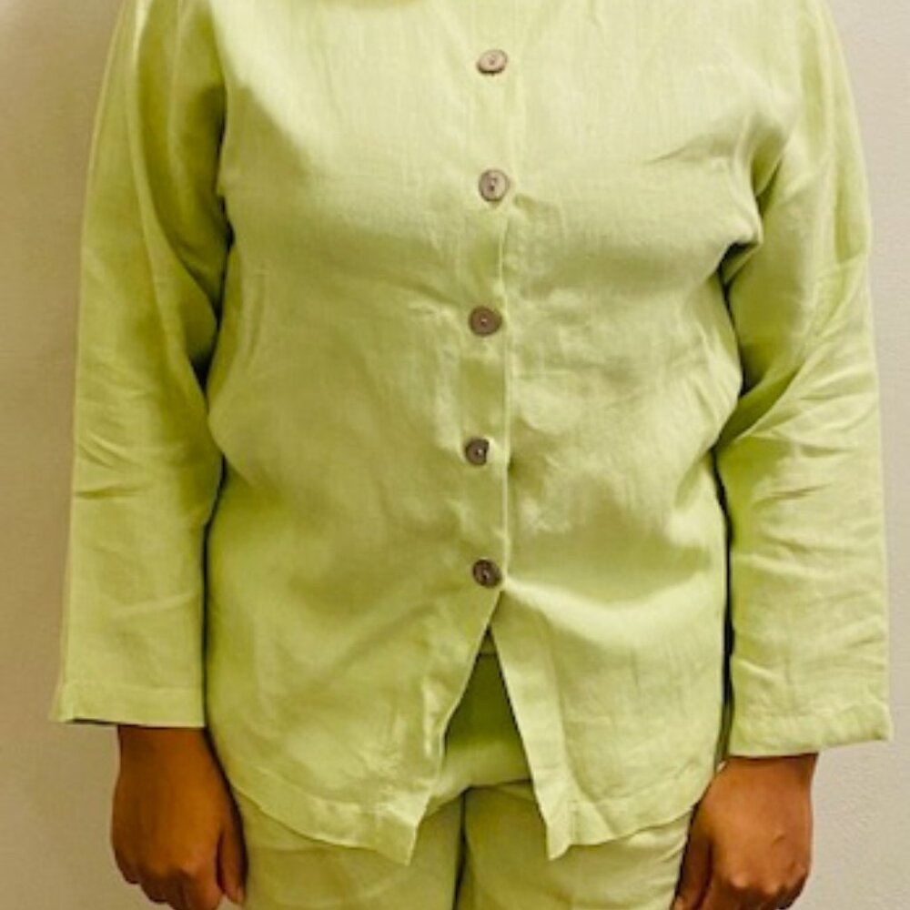 CAROL TURNER COLLECTION CTC Lit Green Long Sleeve 6 Button Down Linen Pants Suit